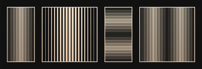 Laser cut panels set. Abstract geometric patterns collection with halftone lines, stripes, gradient transition. Decorative stencil for laser cutting of wood, metal, paper. Aspect ratio 1:2, 1:1