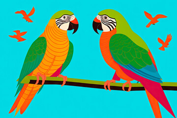 Wall Mural - Colorful parrot and exotic tropical leaves - Art drawing. Generative AI