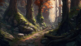 Fototapeta Las - painting of a path through a forest, fantasy art illustration 