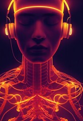 Wall Mural - Portrait of a sci-fi cyberpunk man. High-tech futuristic man from the future. The concept of virtual reality and cyberpunk. Generative AI Art.