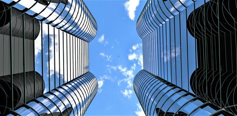 Wall Mural - Look from below to the cloudy sky between two contemporary upscale apartment buildings reflecting each other in the mirrored facades. 3d rendering.