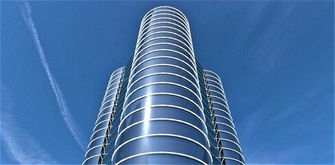 Wall Mural - Look from the copter of the contemporary skyscraper with round glass facade. Amazing blue sky with aircraft stripes. 3d rendering.