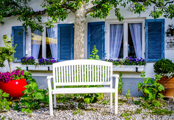 Poster - typical old wooden bench - parkbench