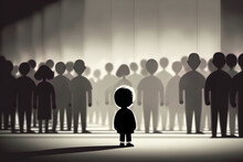 Lonely Child Who Was Left Behind. A Silhouette Noir Image Of An Abandoned Child Standing Lonely Apart From The Crowd. A Missing Boy Looking For His Parent. Digital Illustration Generative AI.