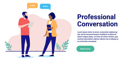 Wall Mural - Professional conversation - Two business people talking and having dialogue at work with speech bubbles. Flat design vector illustration with copy space for text and white background