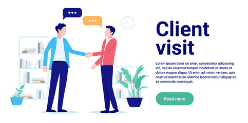 Aufkleber - Client visit - Customer visiting office shaking hands and having agreement. Flat design vector illustration with copy space for text and white background
