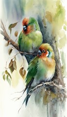 Poster -  two colorful birds sitting on a branch of a tree together.  generative ai