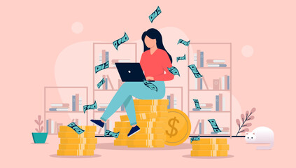Leinwandbilder - Woman making money - Person with laptop computer sitting on stack of coins earning high income while paper bills falling from above. Flat design vector illustration