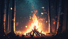 Big Fire In The Forest Late At Night. Sparks Of Fire. Ai Generated