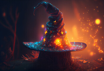 magic wizard hat with stars on a black background. ai generated