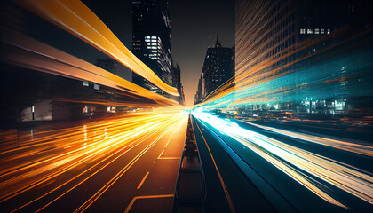 Wall Mural - abstract long exposure dynamic speed light trails in an urban environment. generative ai
