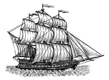 Retro Ship Sails On Waves Of Sea. Sailboat Sailing, Side View. Vintage Sketch Engraved Illustration