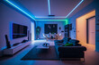 A modern and confortable living room illuminated by led strips - Generative AI