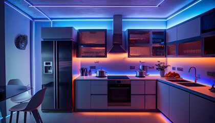 A modern kitchen illuminated by led strips - Generative AI