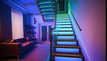 Wall Mural - A moder home interior, staircase to the upper floor illuminated by led strips - Generative AI