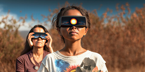 Canvas Print - Mother and daughter watching a total solar eclipse with special glasses - Generative AI