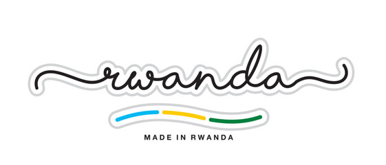 Made in Rwanda, new modern handwritten typography calligraphic logo sticker, abstract Rwanda flag ribbon banner