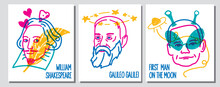 Line Illustration Of Famous People Armstrong, William Shakespeare, Galileo