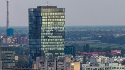 Sticker - Panorama of the city center timelapse of Zagreb, Croatia, with modern towers and historic buildings, museums in the distance. Top aerial view from skyscraper