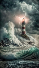 Leuchtturm Bei Nacht Im Sturm Surreal Digital Art Gemälde Generative AI Digital Kunst Illustration Background Hintergrund