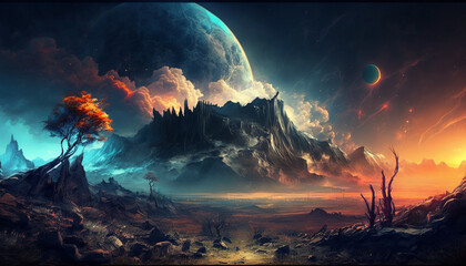 Wall Mural - distant world with other planets in the sky background