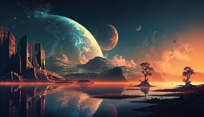 Wall Mural - distant world with other planets in the sky background
