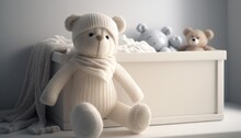 Cute Teddy Bear And Box With Knitted Baby Clothes. Generative AI