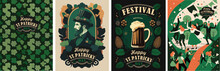 Happy St. Patrick's Day. Beer Festival Holiday Vector Illustrations, Pattern, Dancing People For Poster, Background Or Greeting Card