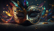 Carnival party. Venetian mask on dark bokeh background. Festival decoration. Generative AI