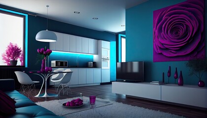 Wall Mural - modern interior design, Rose, Grape, Zaffre, Neon blue, Vivid sky blue