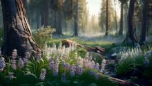 Illustration Of Scenic Springtime Forest Landscape With Wildflowers In The Meadow. AI-generated Image.	
