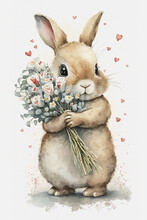 A Watercoloured Bunny Holding A Bouquet Of Flowers In Its Paws And Looking At The Camera. Generative AI