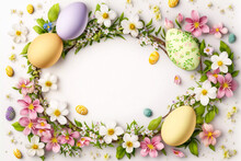Beautiful Colourful Floral Design With Easter Eggs And Pink And White Flowers, Easter Backdround Image, Generative AI Illustration