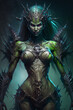Dark alien monster queen of nightmares, a fantasy portrait of a stylish female creature dressed in a beautiful dress. Generative AI illustration	

