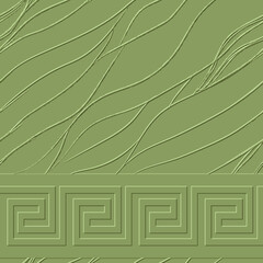 Wall Mural - Border. 3d wavy lines embossed greek seamless pattern. Green textured waves vector background. Repeat patterned surface backdrop. Modern grunge ornaments with greek key meanders borders, wavy lines