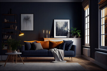 Wall Mural - Interior of cozy modern living room with sofa against a blank, dark blue wall, illustration of glamour modern style interior design, generative, ai