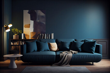 Wall Mural - Interior of cozy modern living room with sofa against a blank, dark blue wall, illustration of glamour modern style interior design, generative, ai