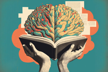 Hands holding a open book on which appears a brain full of ideas and knowledge. 
Knowledge, study, intellect. Generative ai.