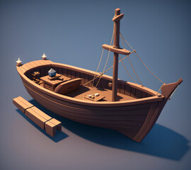 Wall Mural - Small wooden fisherboat, 3d isometric reference model, AI generated