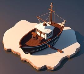 Wall Mural - Small wooden fisherboat, 3d isometric reference model, AI generated