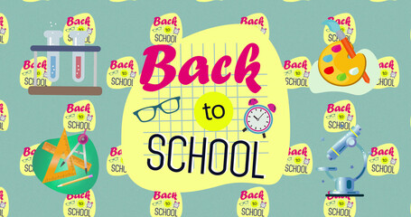 Poster - Image of school icons and back to school icons on green background