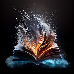 Wall Mural - An open book in the clash of ice and fire on black background. Fire flames and crystal texture. Ai generated blue and orange illustration of a book in ice and fire.