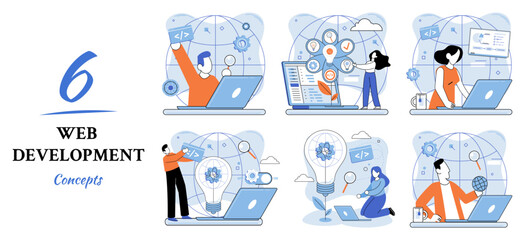 Web development metaphor, coding and programming responsive layout internet site or app of devices. Creation digital Software mobile, desktop platforms. Computer code, tablet, phone, digital business