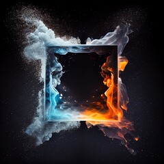 A square frame in the clash of ice and fire on black background. Fire flames and crystal texture. Ai generated blue and orange illustration of a square frame in ice and fire.