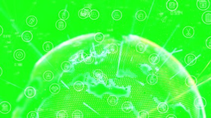 Poster - Animation of icons over globe on green background