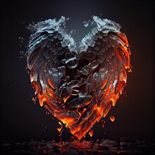 A Lava Heart With Fire Flames On Black Background. Burning And Smoking Texture. Ai Generated Black And Orange Illustration Of A Hot Lava Heart With Fire Flame.