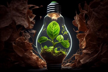 Sticker - Small plant growing inside a lightbulb. Light Bulb with sprout inside. Green energy concept. Generative AI