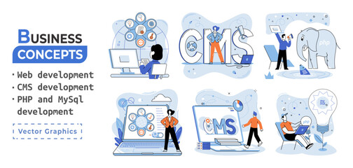 Website architecture concepts metaphor. Web development, PHP and MySQL, CMS, interface design, software testing. Creation digital Software mobile, desktop platforms. Digital content management system
