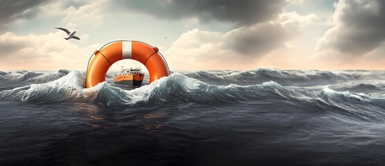 life buoy rescue ring in the middle of the ocean for rescue and help sos concepts as wide banner with copyspace area