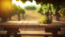 Fresh Grapes Fruits Bunch On Wooden Table With Vineyard Field On Morning Sunshine Background With Copyspace Area
